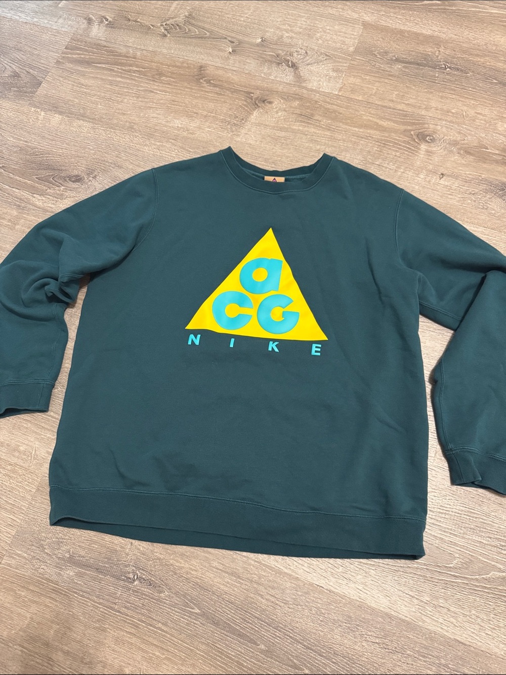 Nike ACG Men's Forest Green Crewneck Sweatshirt with Yellow Triangle Logo